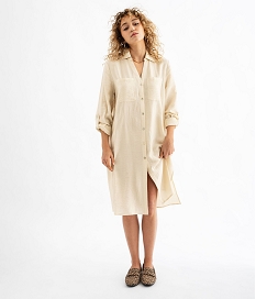 GEMO Chemise longue en viscose froissée à manches longues retroussables femme blanc chine