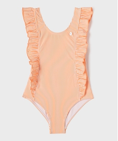 GEMO Maillot de bain 1 pièce en matière gaufrée rayée à volants fille - LuluCastagnette Orange