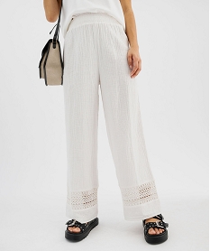 GEMO Pantalon large en gaze de coton et dentelle ajourée femme blanc chine