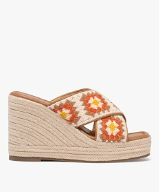 GEMO Mules à talon compensé et larges brides en crochet femme Beige