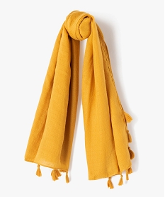 foulard femme uni en maille texturee et finitions pompons jaune standard autres accessoiresU041401_1