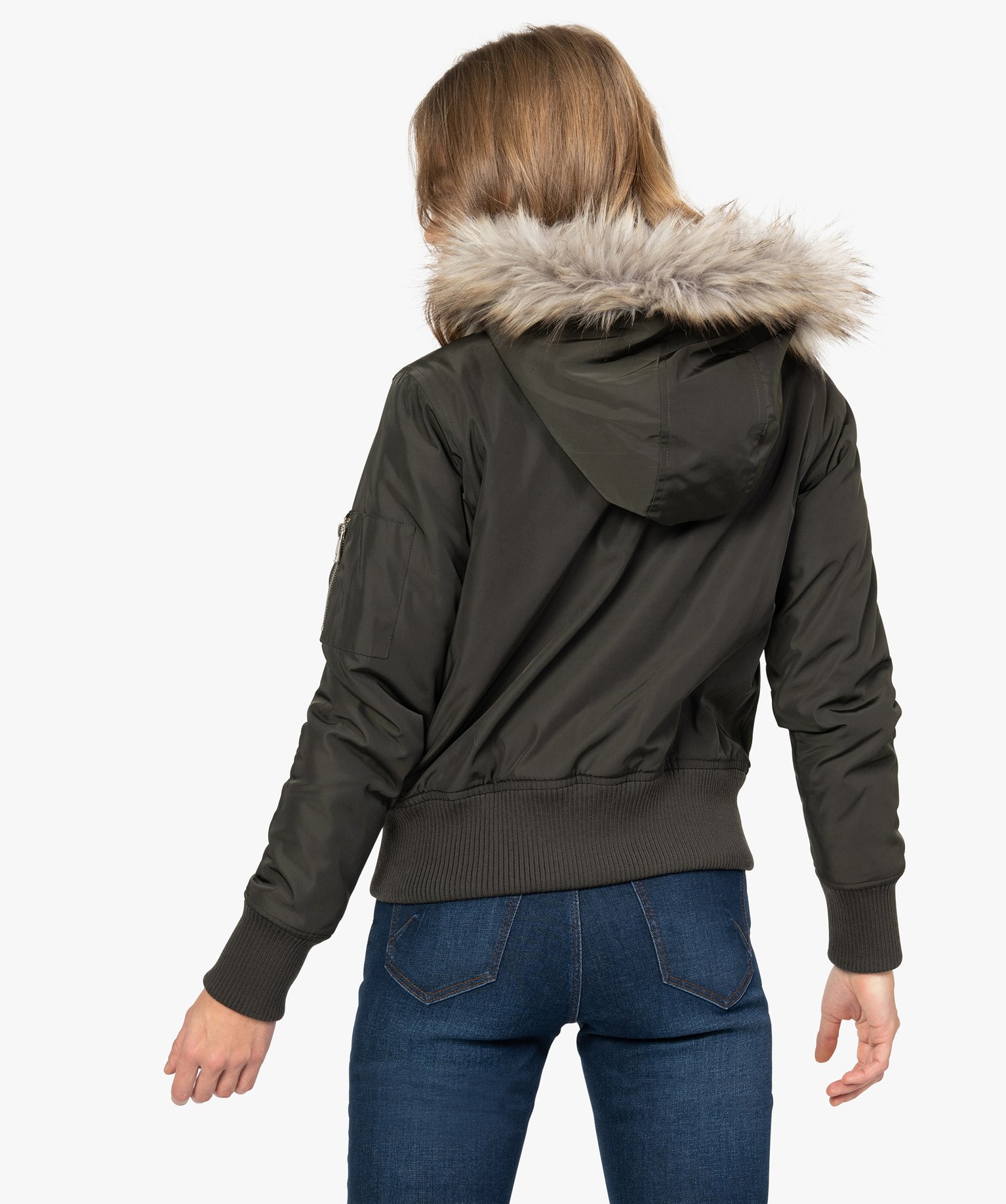 Gemo vetements blouson femme coupe courte avec doublure chaude et capuche fantaisie vert manteaux femme GEMO