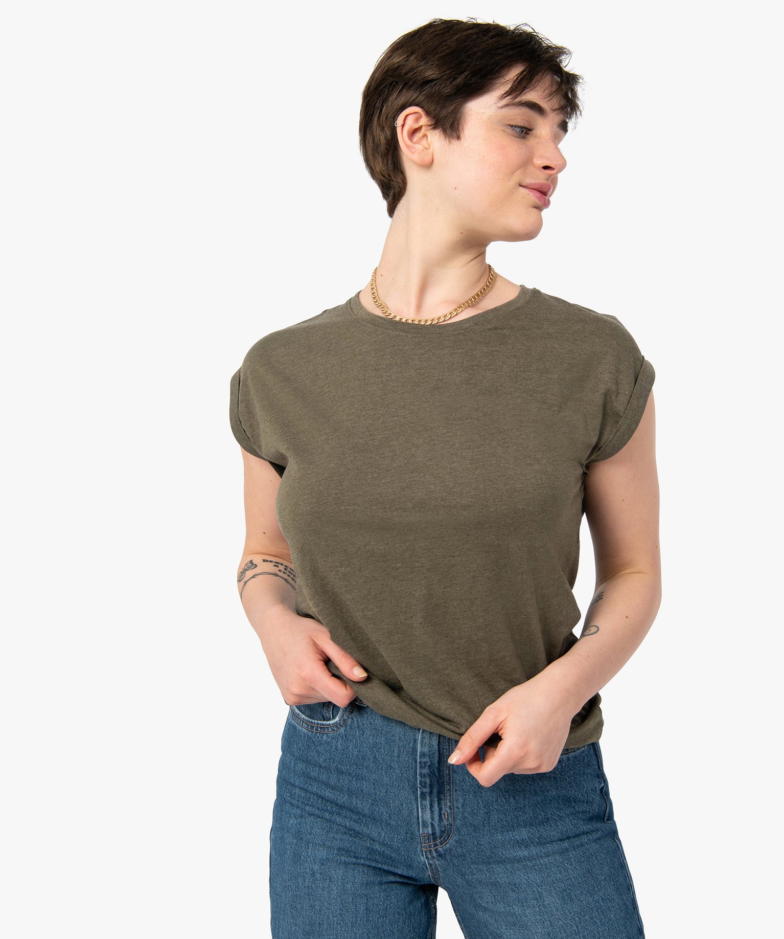 Gemo vetements tee shirt femme a manches courtes avec revers vert