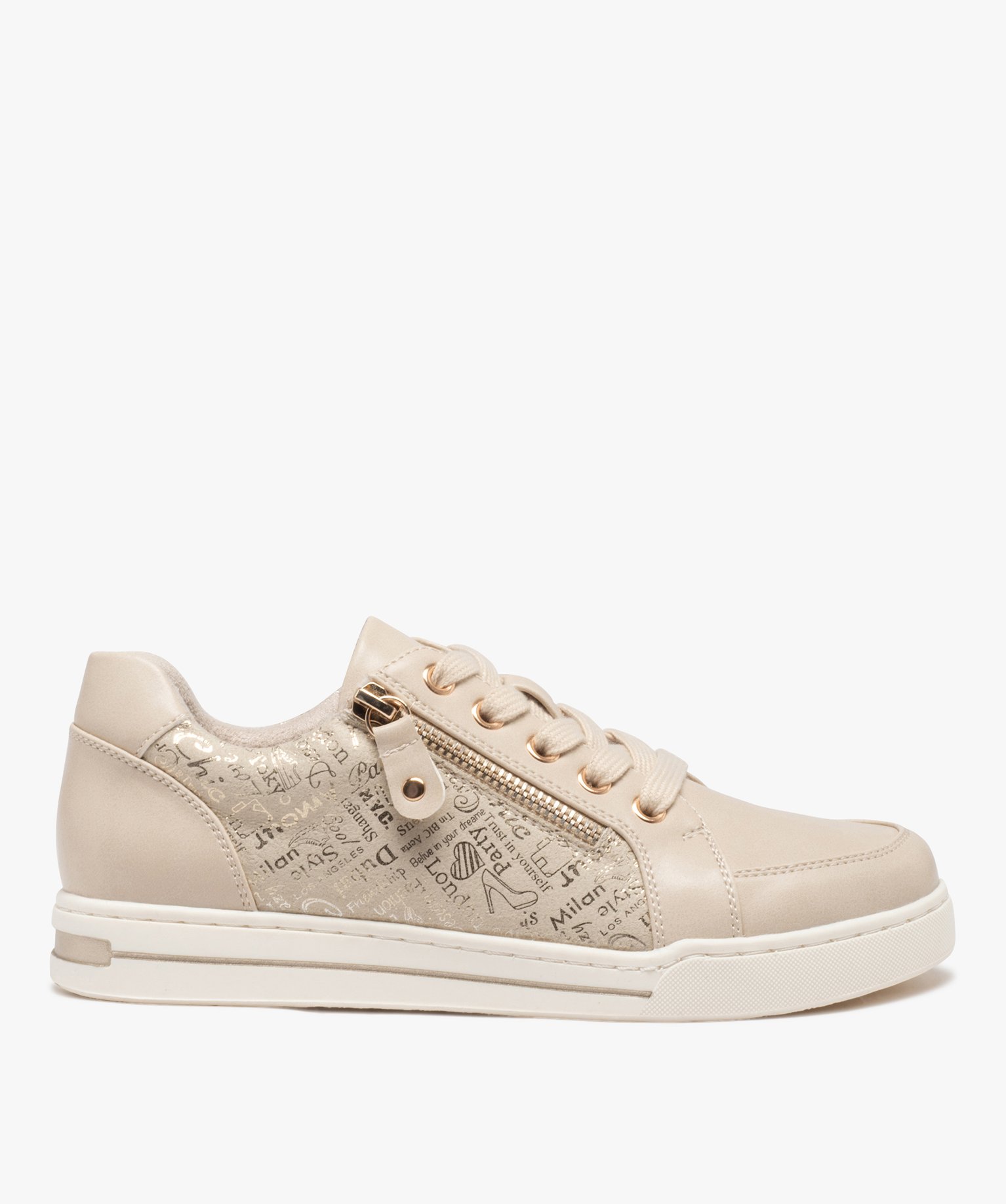 Gemo chaussures baskets femme unies a lacets et a double zip avec details imprimes fantaisie beige standard baskets et tennis femme GEMO