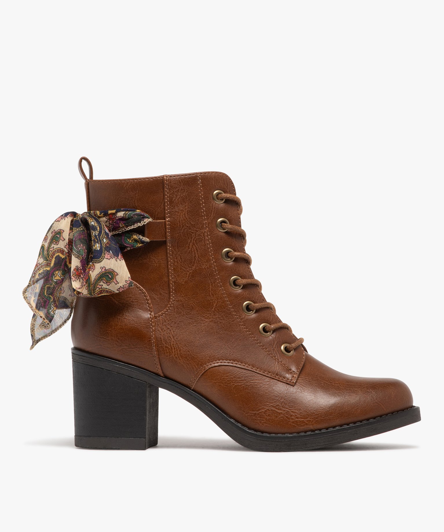 Gemo chaussures bottines femme a talon avec lacets et zip foulard fantaisie noue marron standard femme GEMO